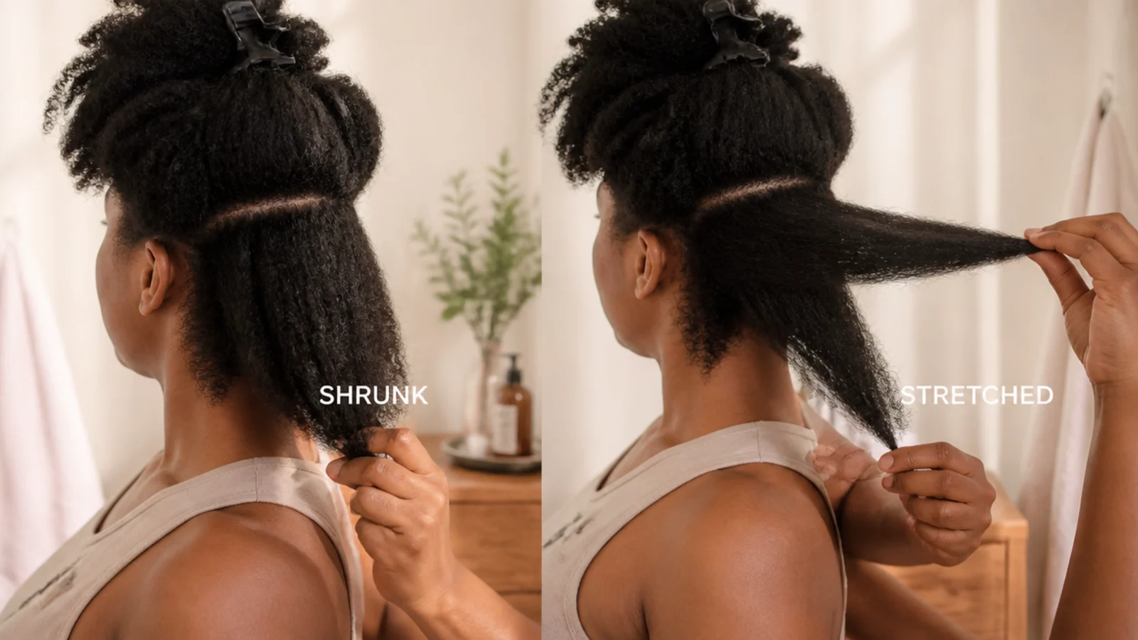 Same section of 4C hair shown shrunken and then stretched to reveal true length difference