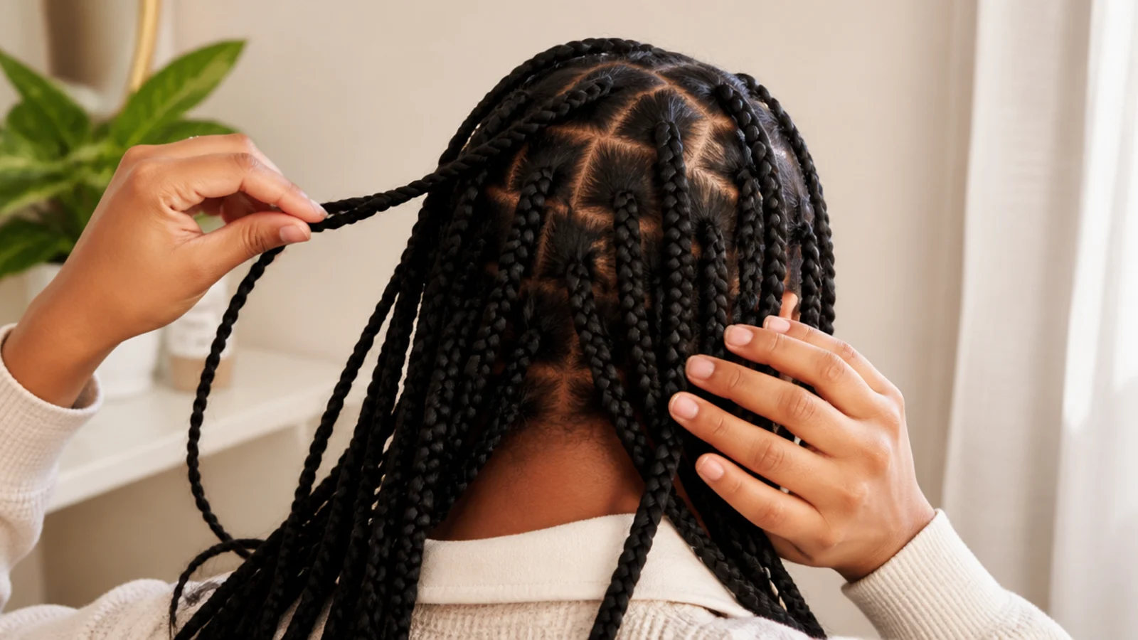 Loose medium box braids with relaxed hairline tension and no rubber bands at the roots
