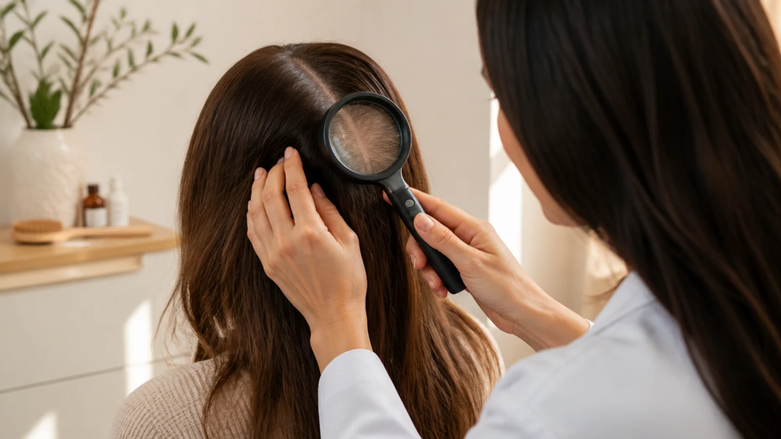Dermatologist examining a patient's scalp and part line with a handheld magnifier