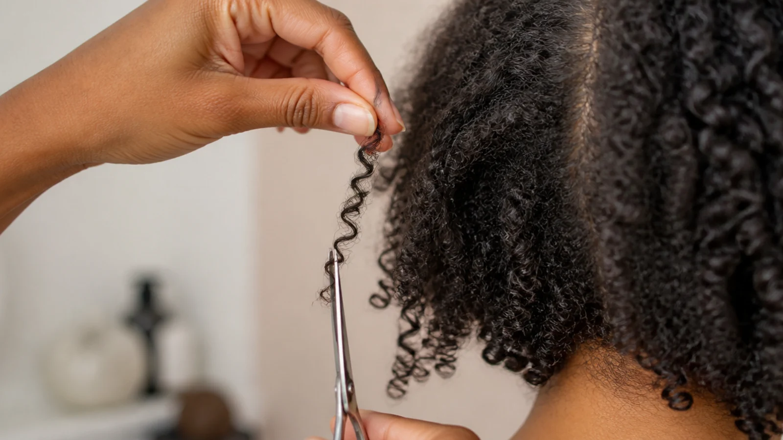 Stylist dry cutting a single 3B curl to remove a split end while the curl hangs in its natural shape
