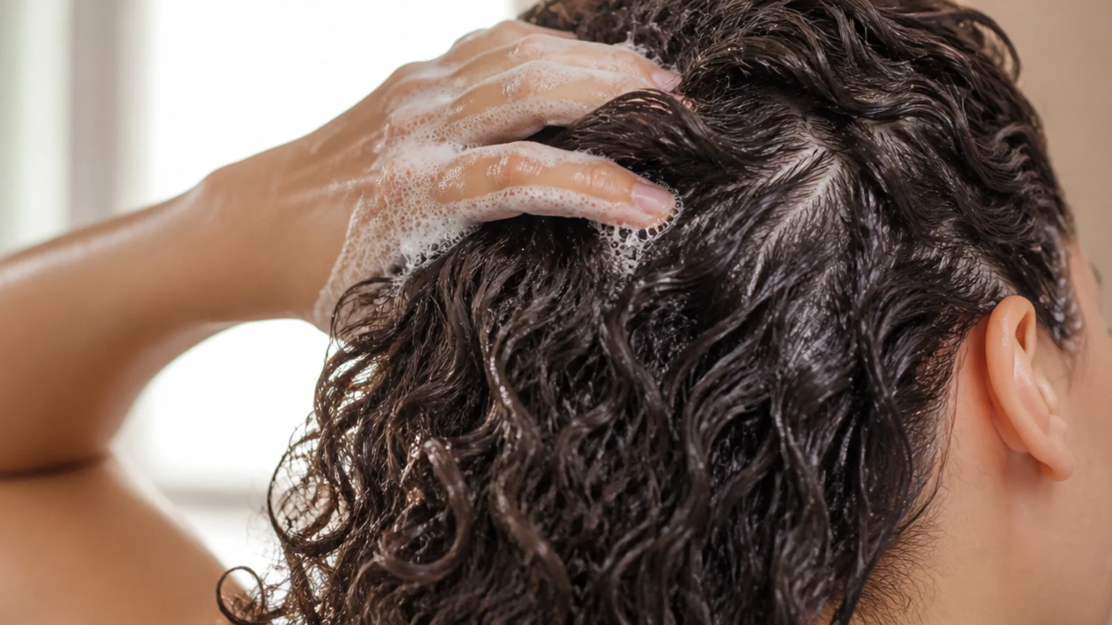 Clarifying shampoo lathering at the roots of curly hair to remove silicone and butter buildup
