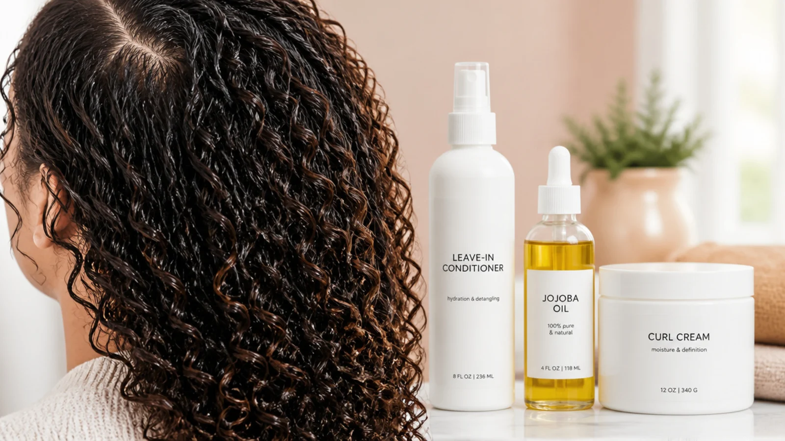 Leave-in conditioner, jojoba oil and curl cream laid out in LOC method order for high porosity curls
