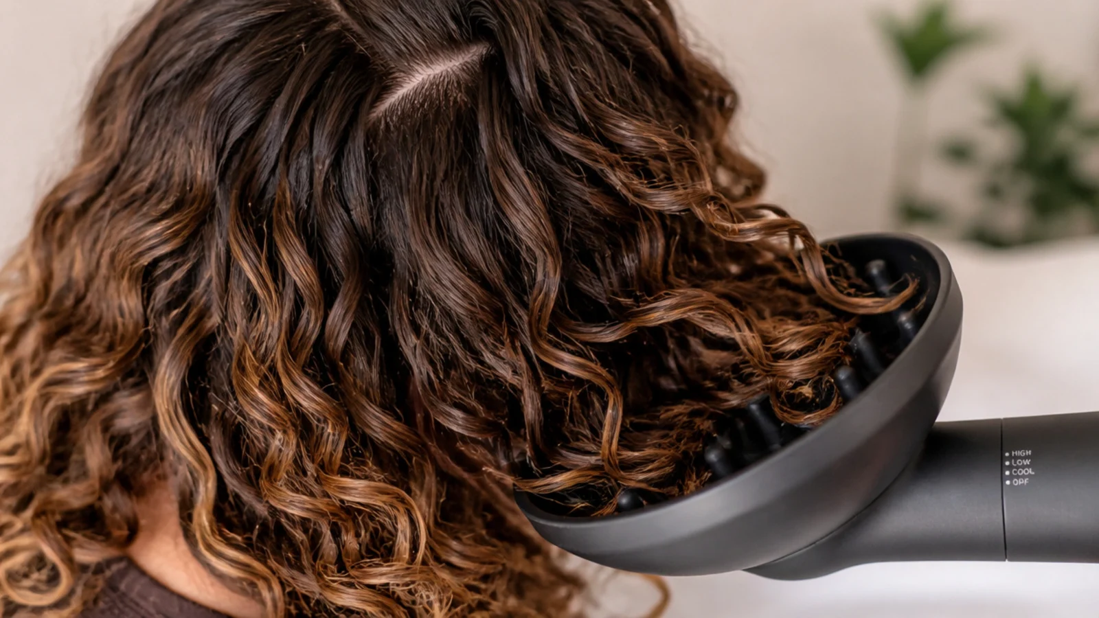 Bowl diffuser hovering under a section of curls on low heat and low speed setting