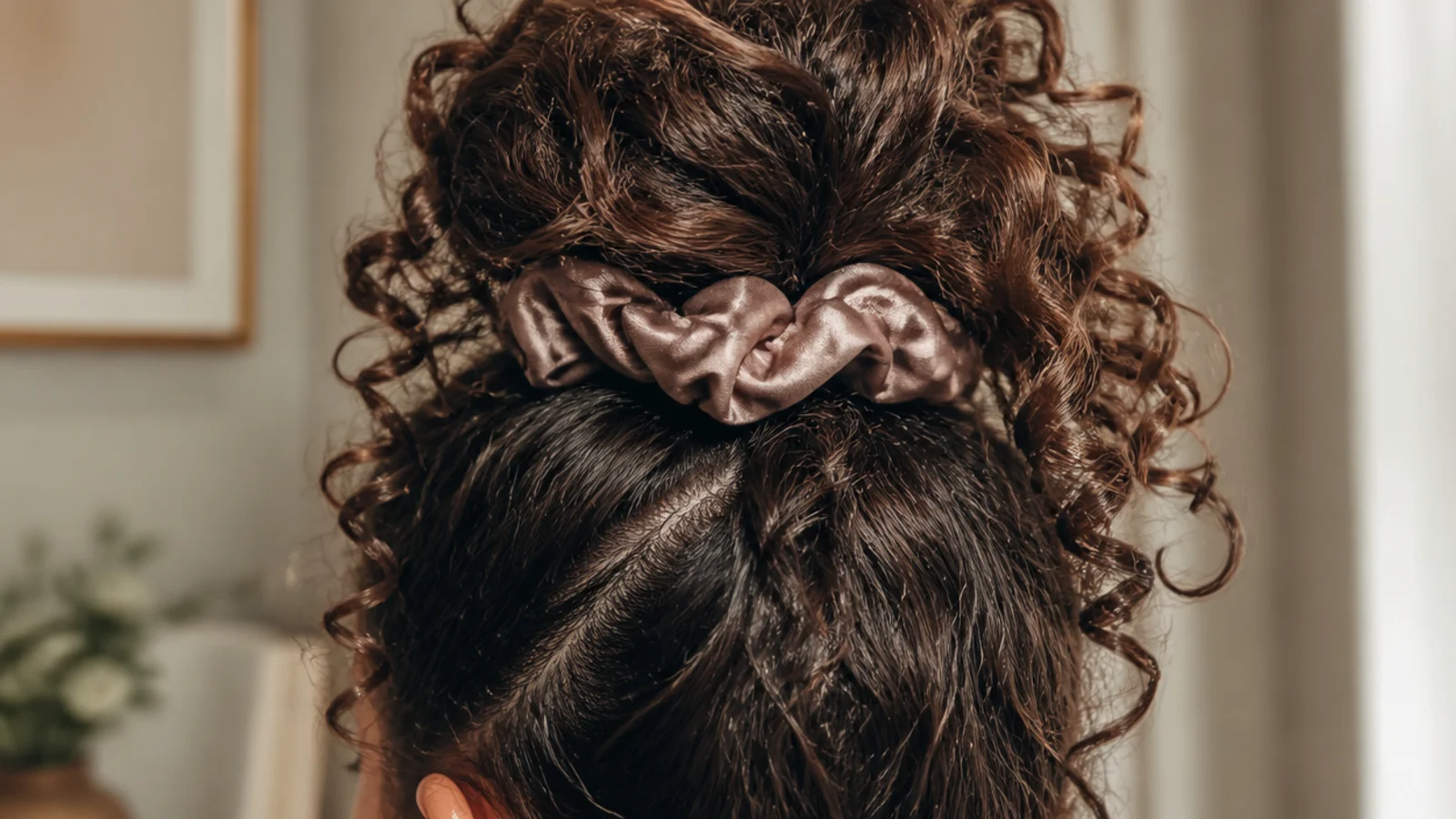 Curly hair gathered into a loose pineapple on top of the head with a satin scrunchie for sleeping
