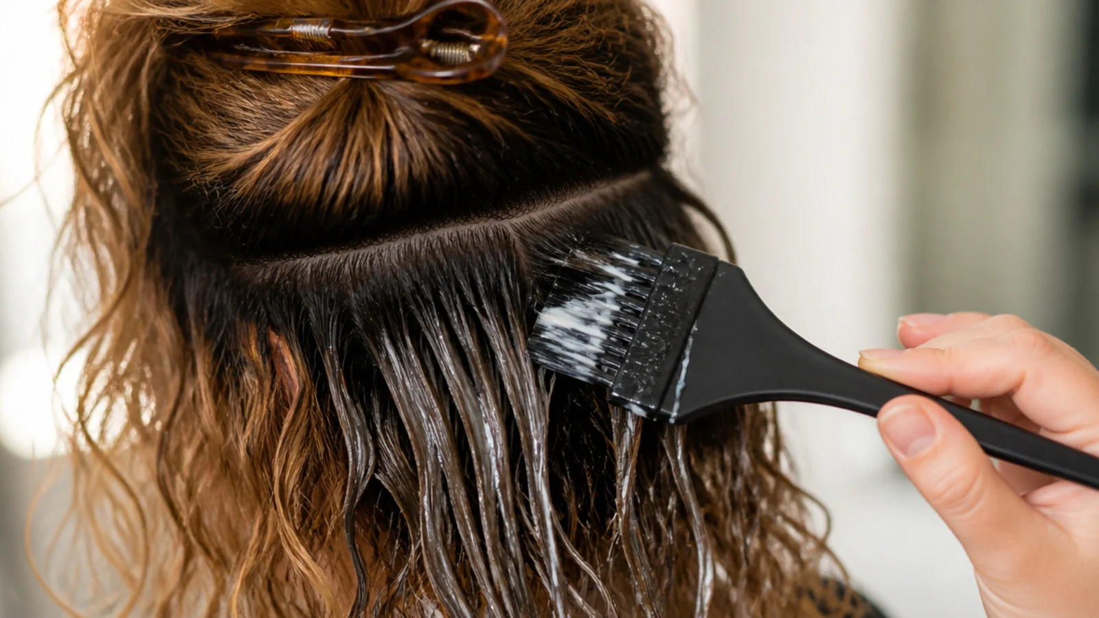 Protein reconstructor treatment being applied to bleached and colored curly hair sections
