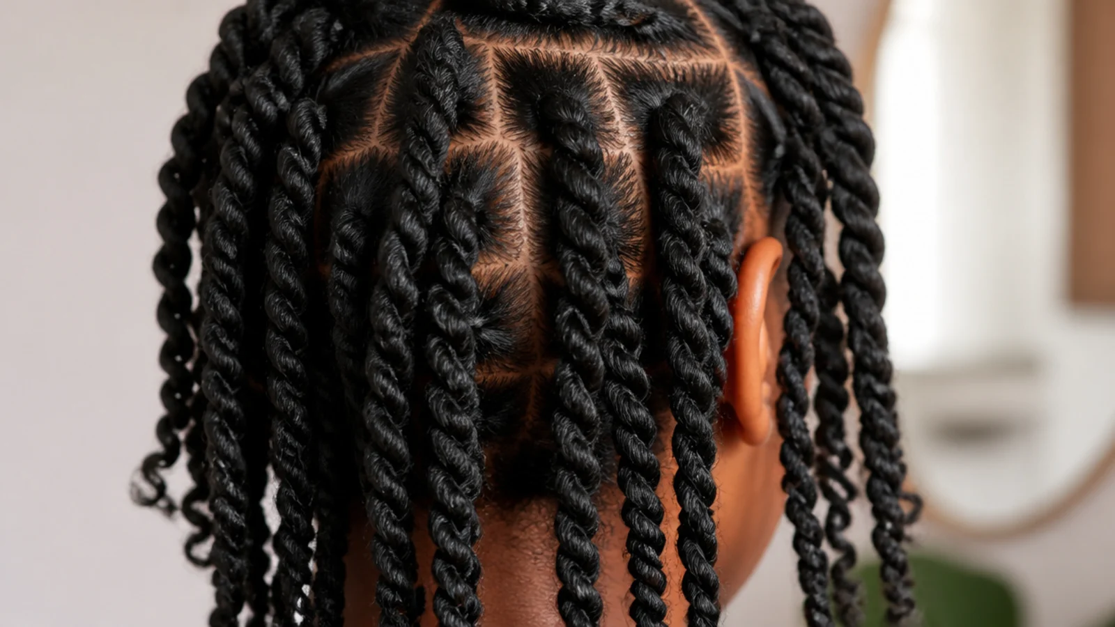 Loose chunky two strand twists in 4A hair worn as a low tension protective style