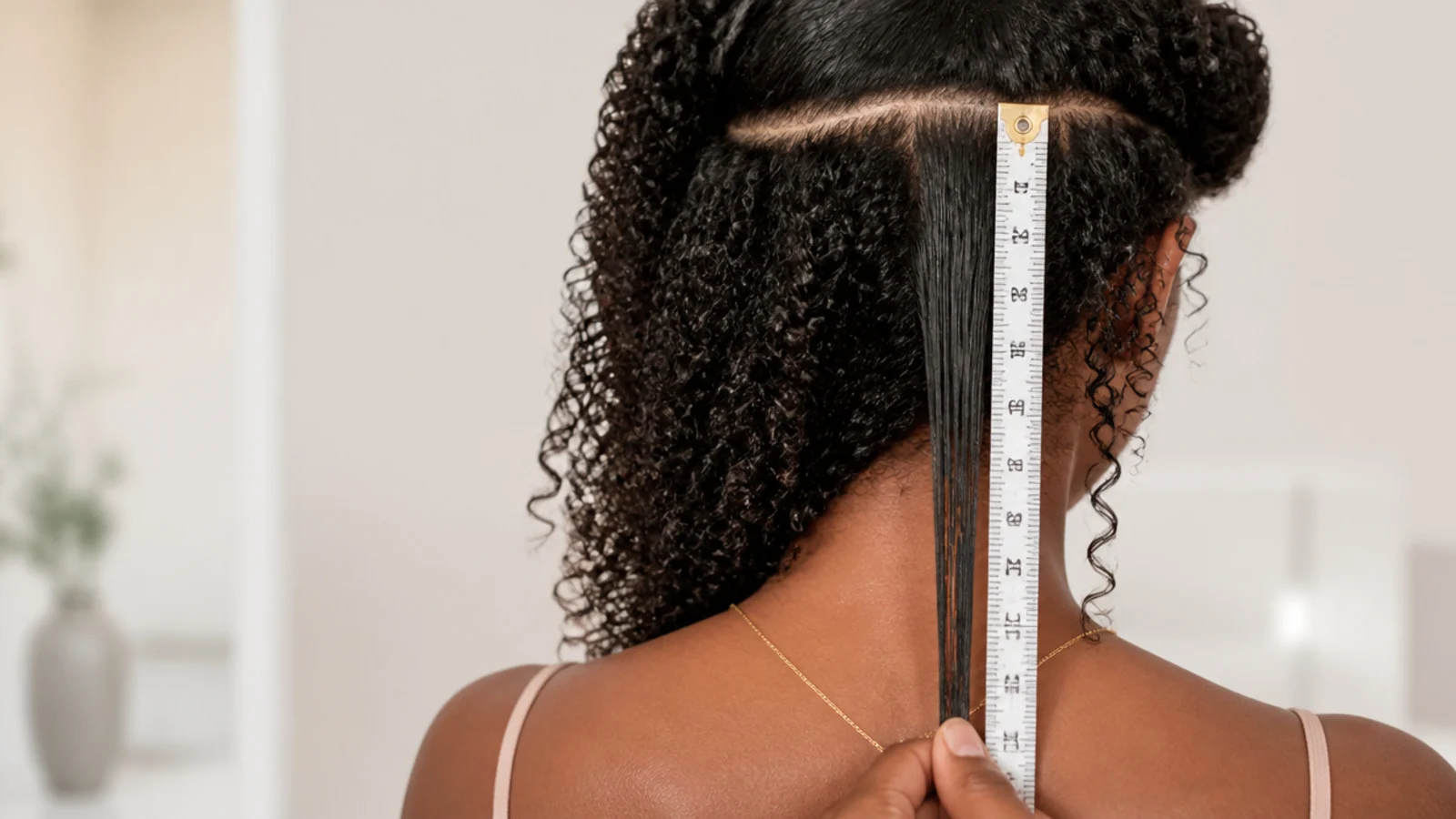One curl pulled straight against a tape measure showing the difference between curly and stretched length