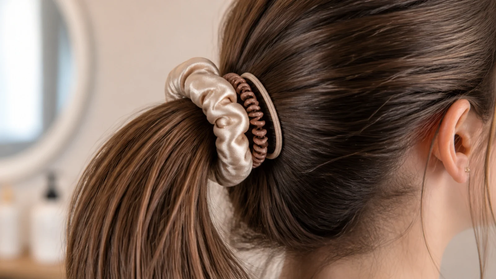 Silk scrunchie and spiral coil hair tie next to a tight rubber elastic showing gentler options