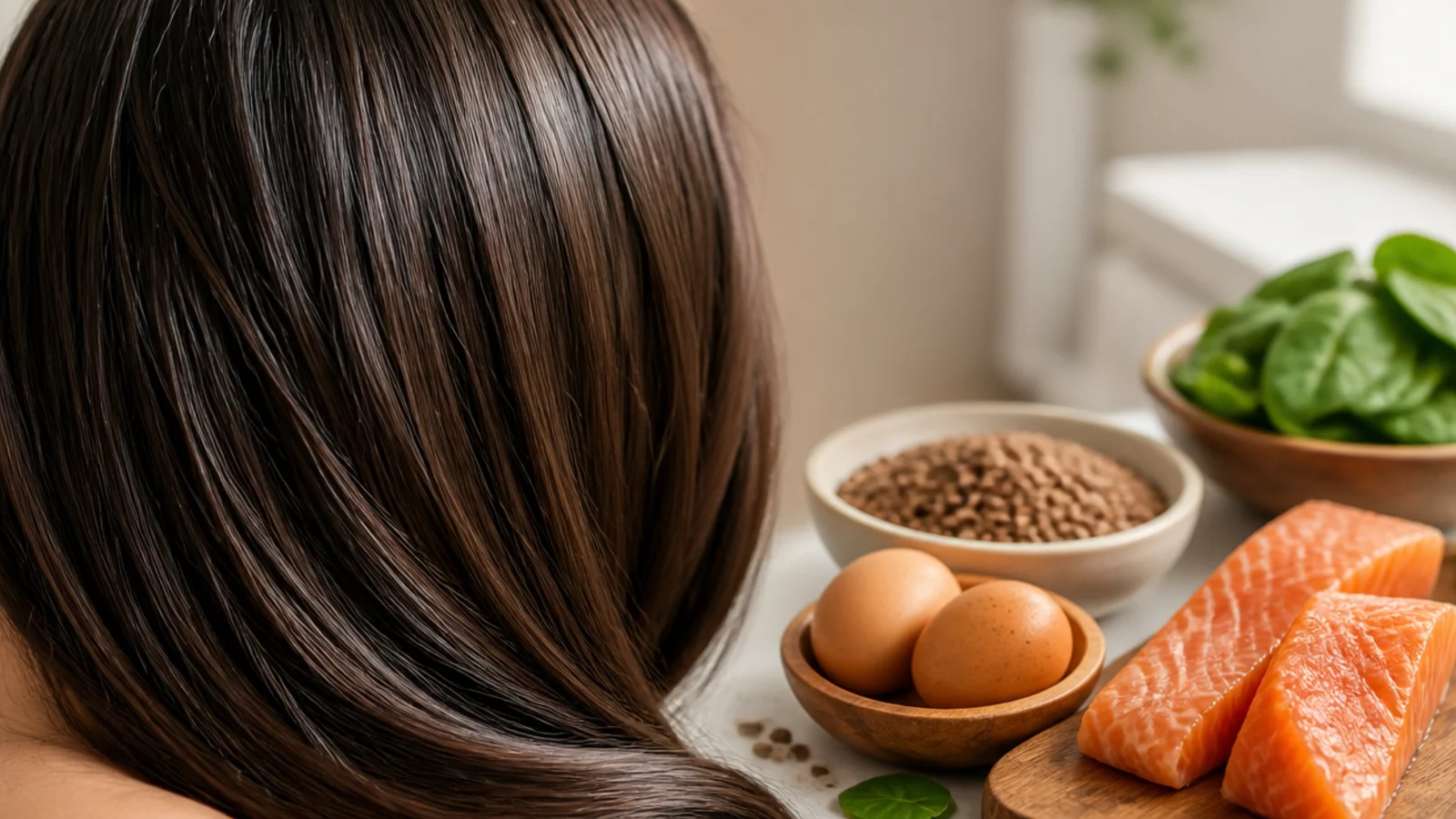 Eggs, lentils, salmon and spinach arranged as protein and iron rich foods for hair growth
