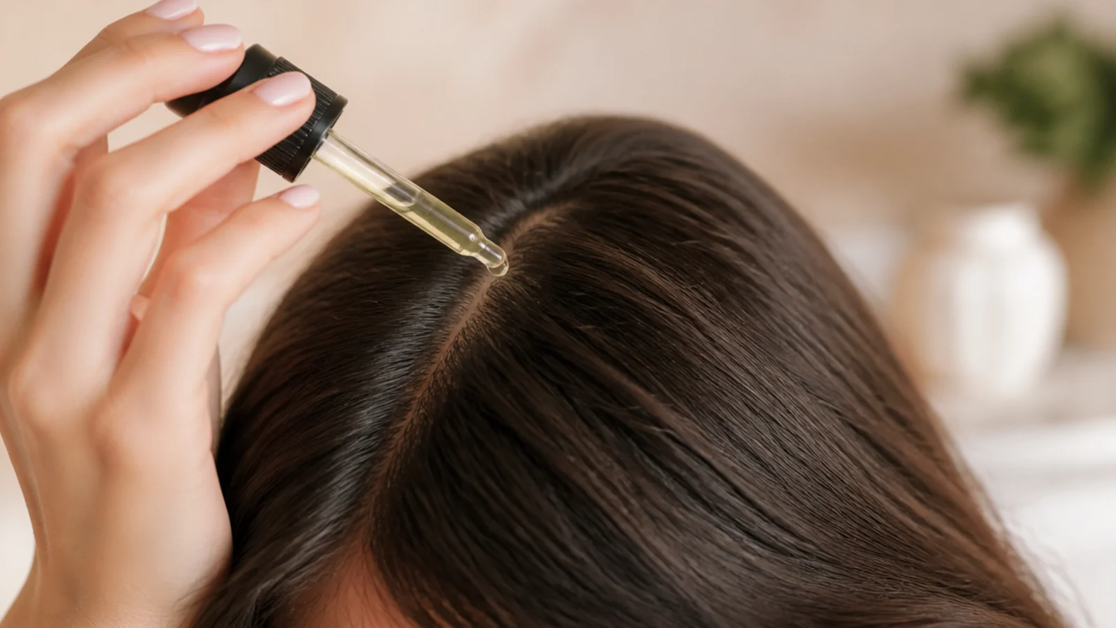 Dropper bottle of rosemary oil diluted in jojoba carrier oil applied along a scalp part