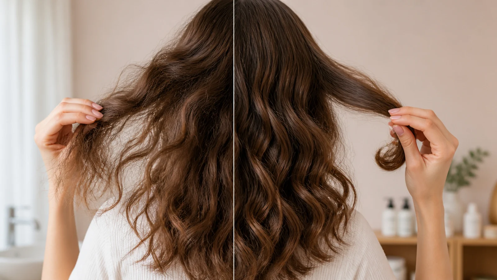 Close up of split and frayed curly hair ends compared with healthy blunt ends