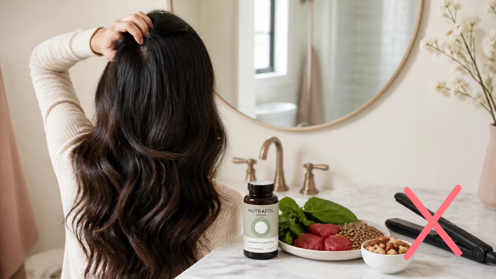 Hair supplements next to iron rich foods and a flat iron crossed out on a bathroom counter