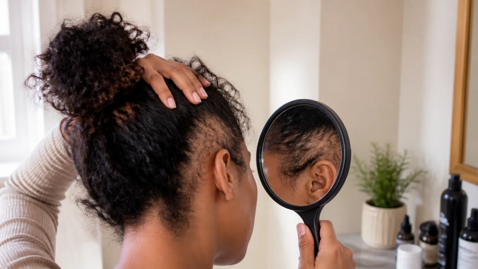 Thinning hairline edges on curly hair being checked in a mirror for traction alopecia signs