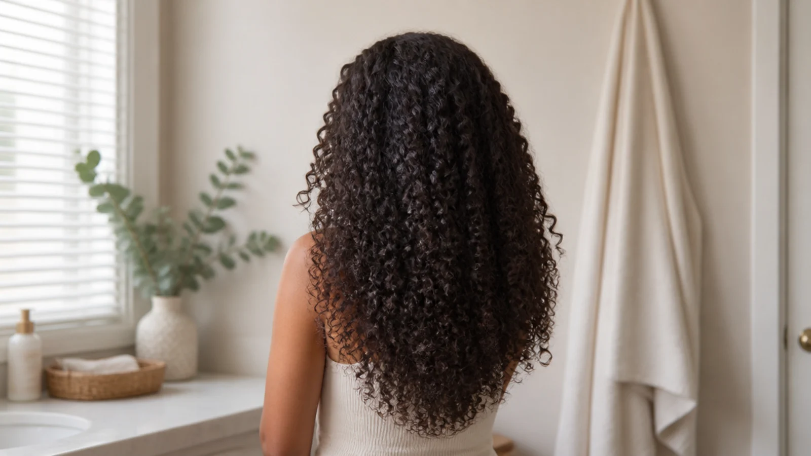 Long defined 3B curly hair growing past the shoulders with healthy blunt ends and no split tips