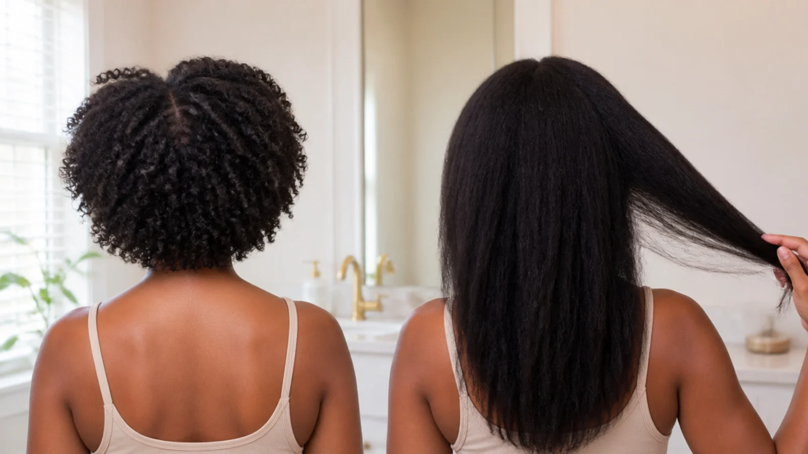 Side by side of the same curly hair worn natural and stretched showing dramatic shrinkage difference