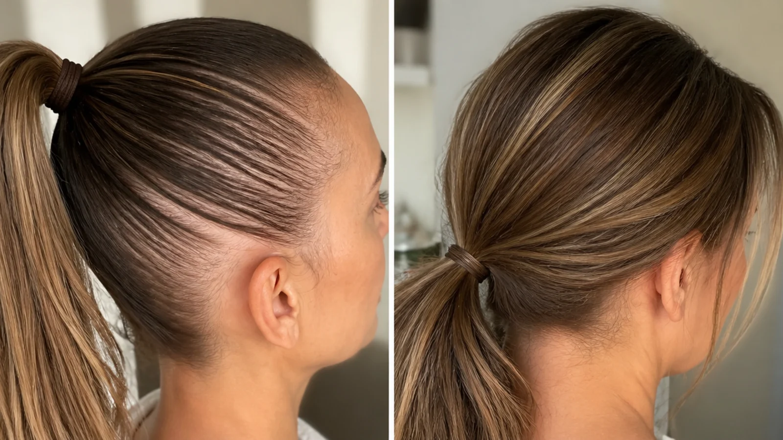 Tight slicked-back ponytail pulling on a thinning forehead hairline compared with a loose low ponytail