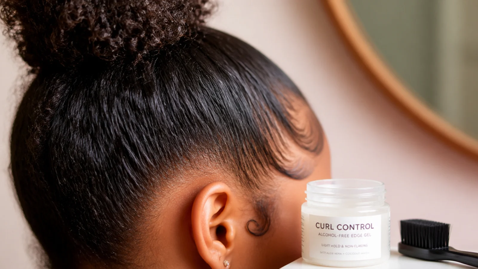 Jar of alcohol-free light-hold edge control gel beside a soft brush for laying baby hairs