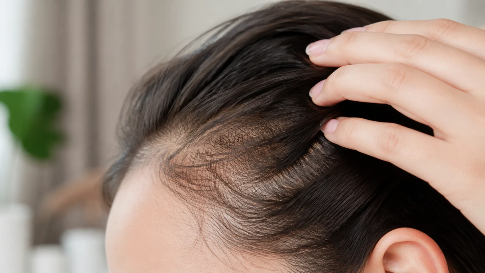 Fingertips massaging the forehead hairline in small circles to support hair growth
