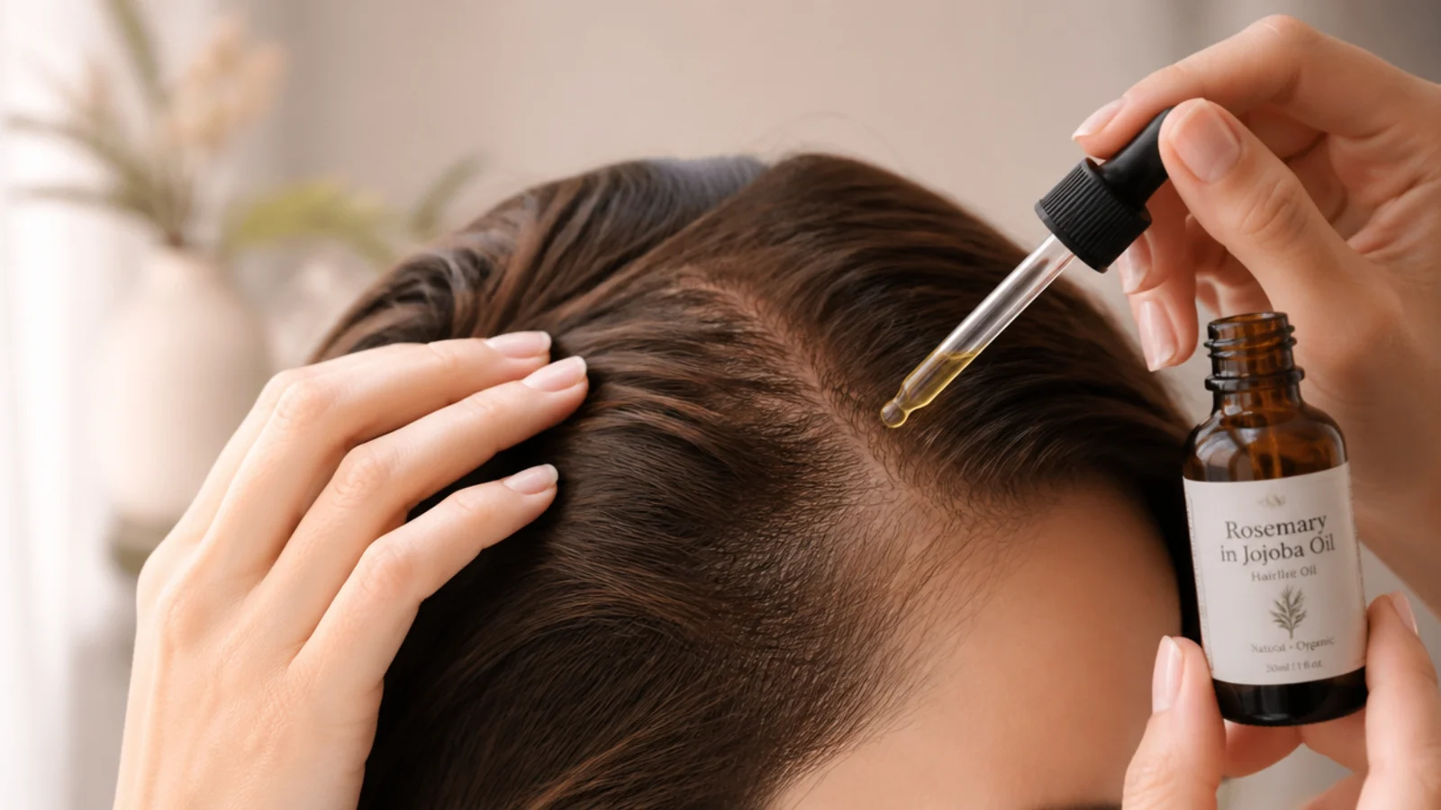 Dropper bottle of rosemary essential oil diluted in jojoba carrier oil for the forehead hairline