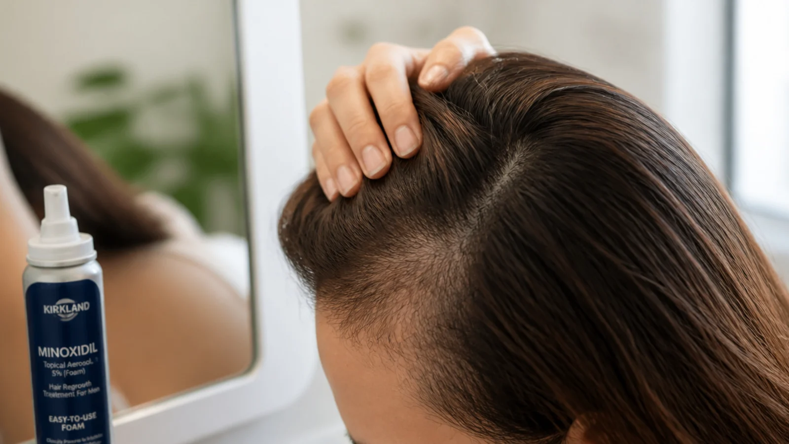 Can of 5 percent minoxidil foam beside a mirror showing a thinning forehead hairline