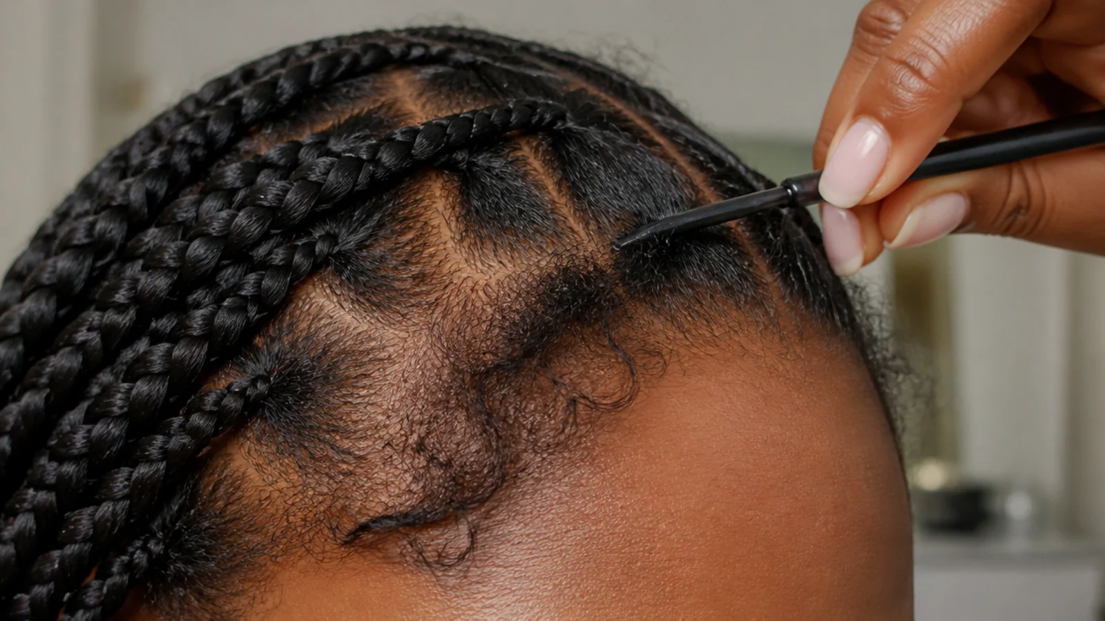 Box braids being taken down carefully at the forehead hairline to prevent traction damage
