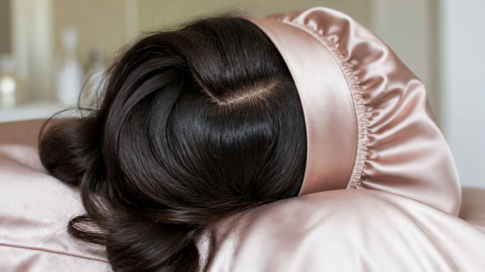 Satin pillowcase and wide-band satin bonnet used to protect the forehead hairline overnight