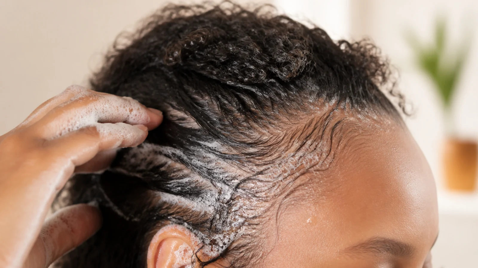 Clarifying shampoo lathered gently along the forehead hairline to remove edge gel buildup