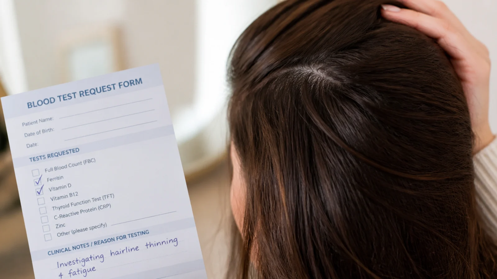 Blood test request form for ferritin and vitamin D used to investigate hairline thinning