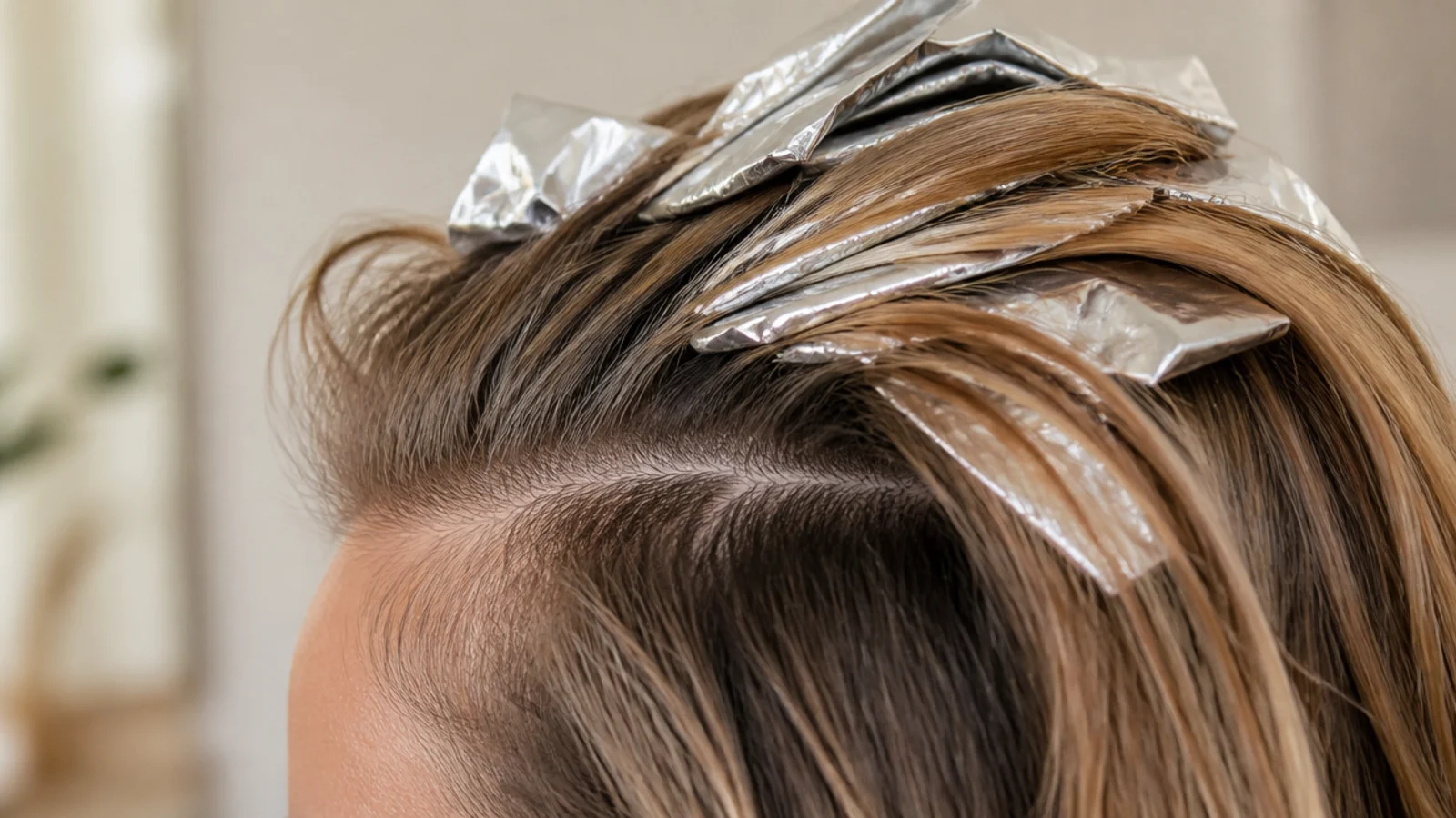 Foil highlights kept back from the forehead hairline to protect fine baby hairs from bleach