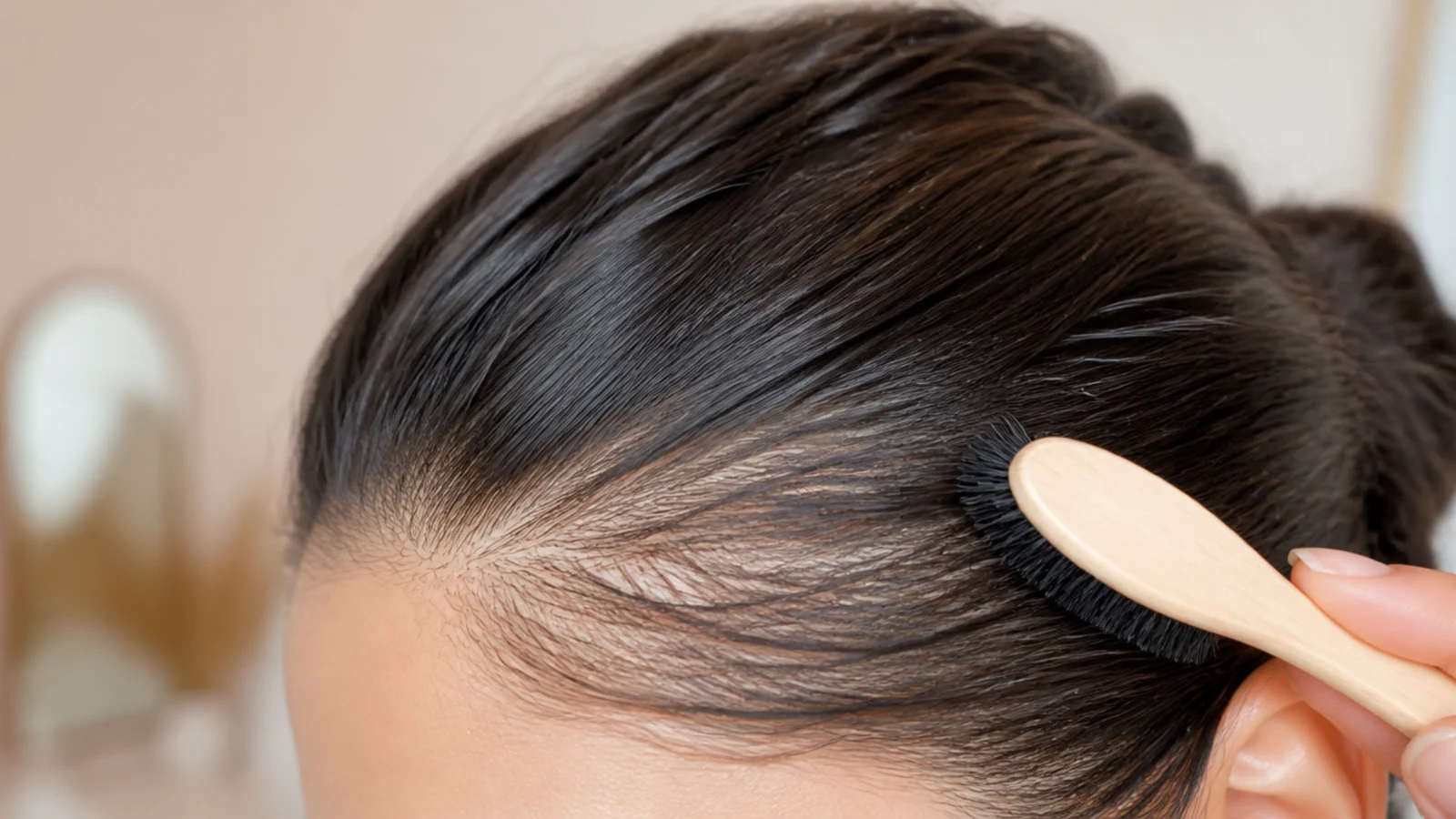 Soft boar bristle baby brush used gently to smooth baby hairs along the forehead