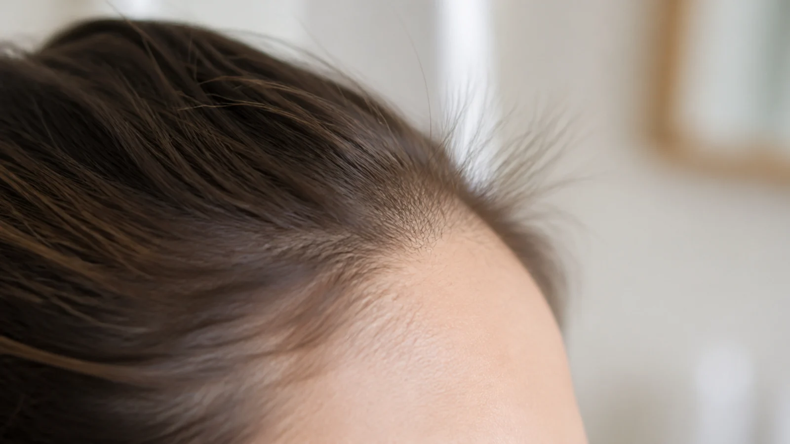 Short postpartum regrowth hairs standing up along a mother's forehead hairline