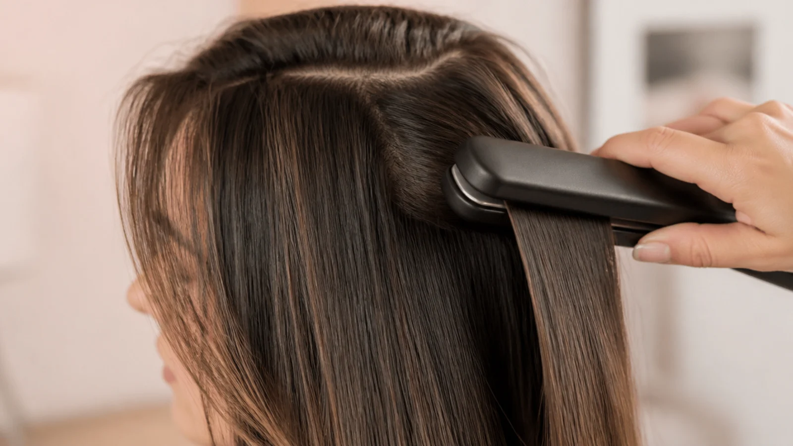 Flat iron held away from the forehead hairline to avoid heat damage to fine baby hairs