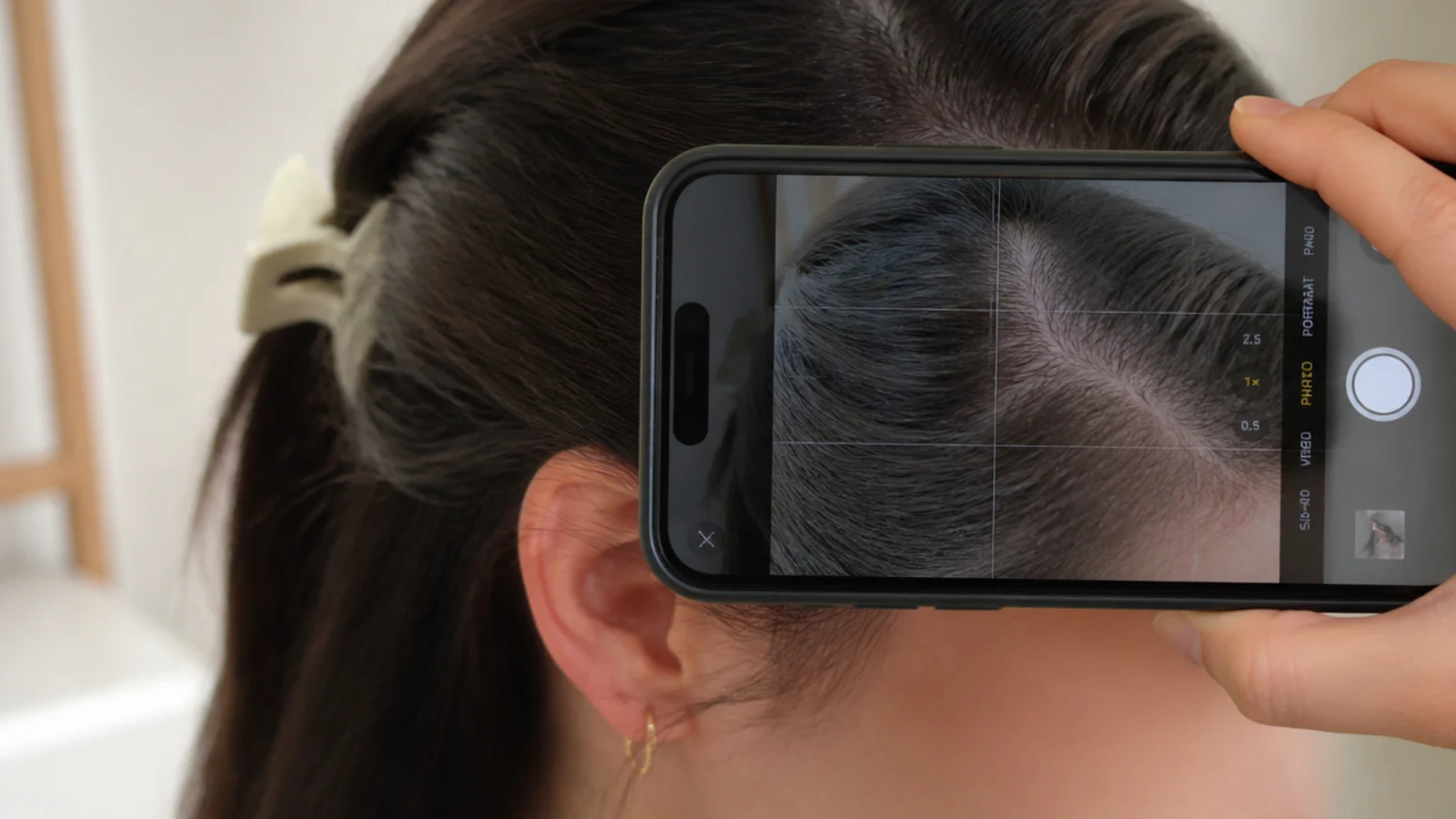 Phone photographing a forehead hairline in consistent daylight to track hair growth progress