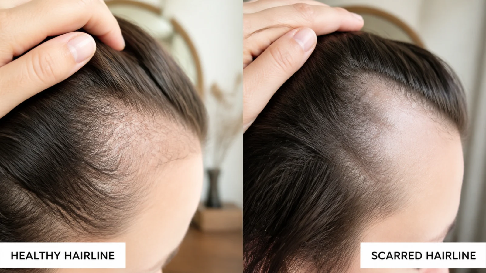 Close-up comparison of a hairline with visible follicle openings and one with smooth scarred skin