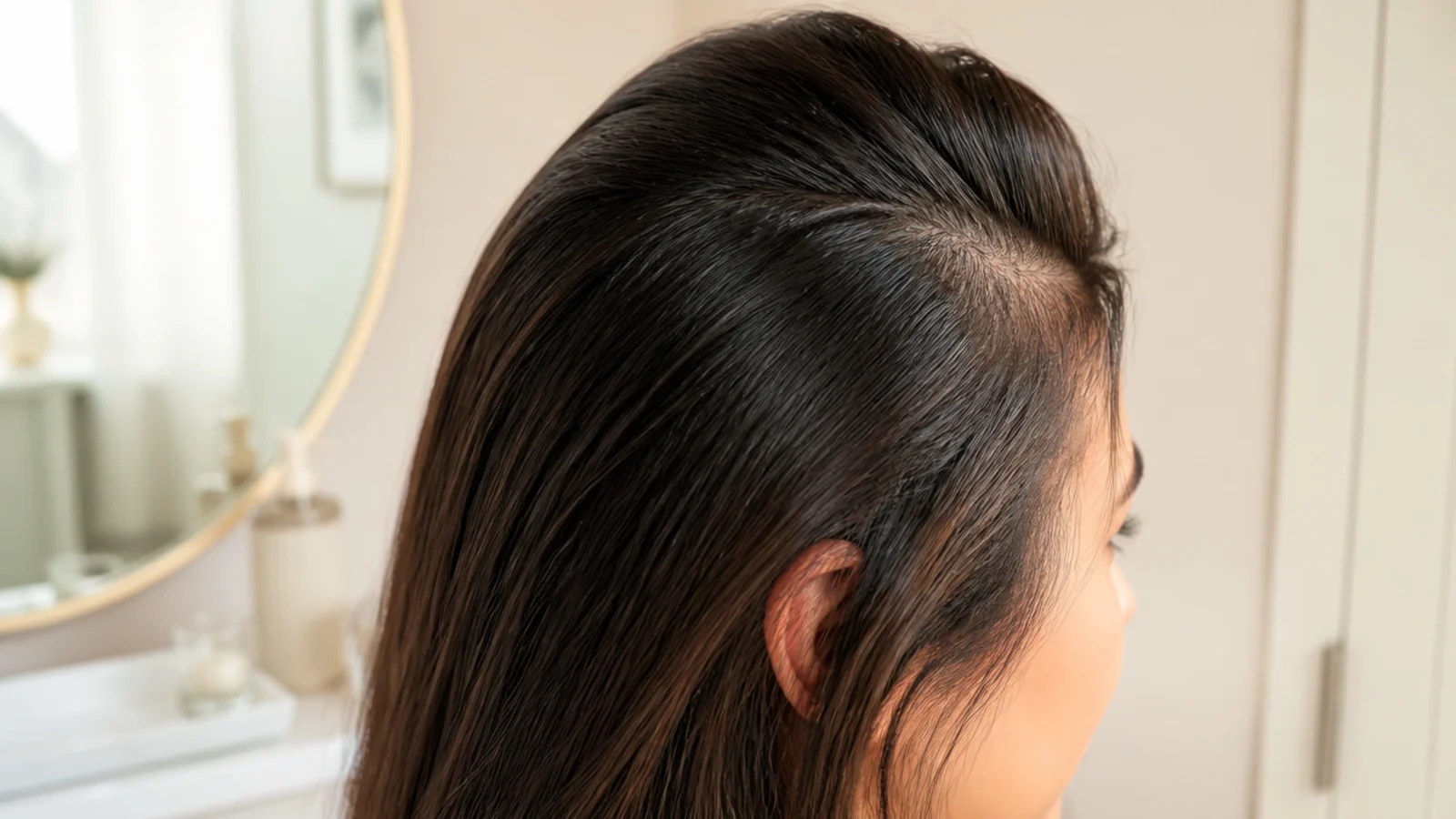 Close-up of a healthy forehead hairline with soft baby hairs framing the temples in daylight