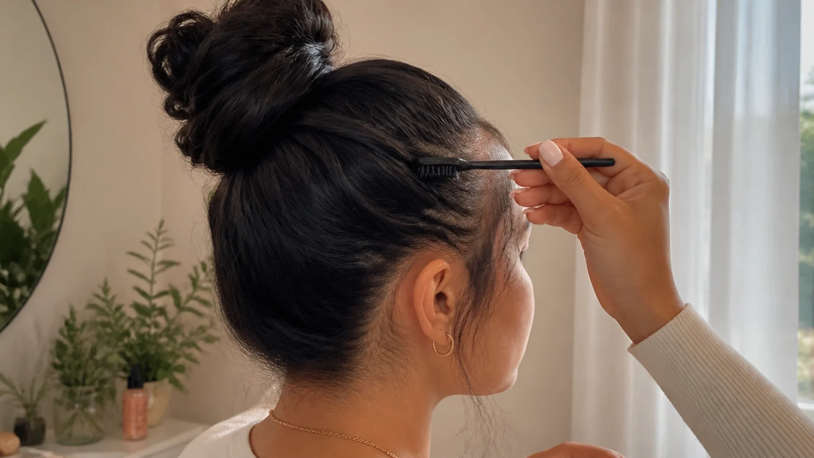 Soft baby hairs styled along a forehead hairline with light-hold gel and a soft brush