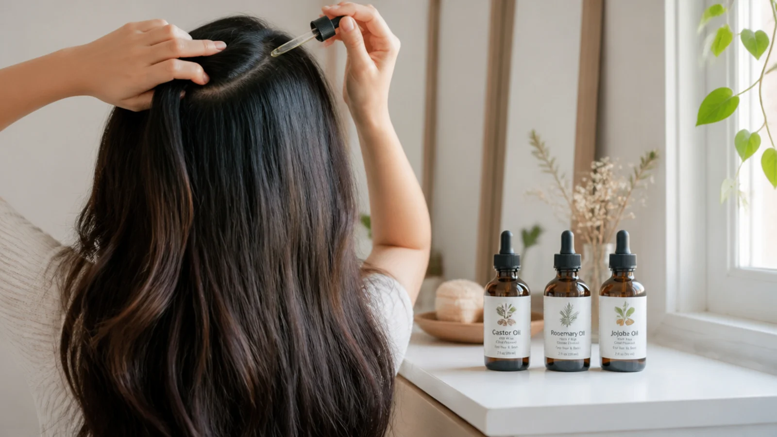 Bottles of castor oil, rosemary oil and jojoba carrier oil lined up for hairline use