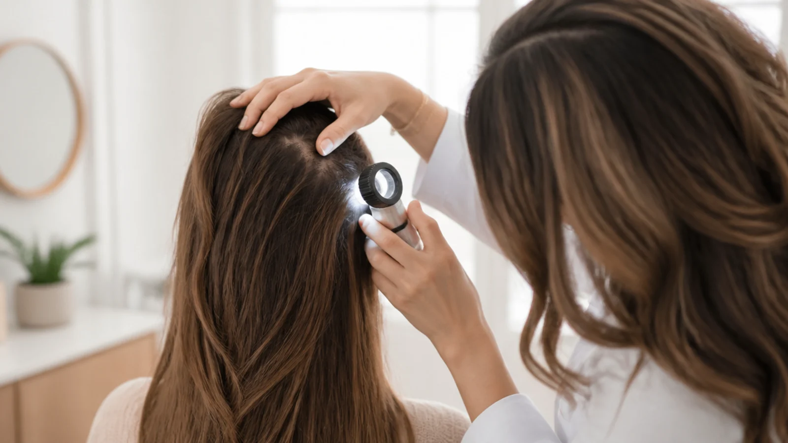 Dermatologist examining a patient's forehead hairline with a dermatoscope during a consultation