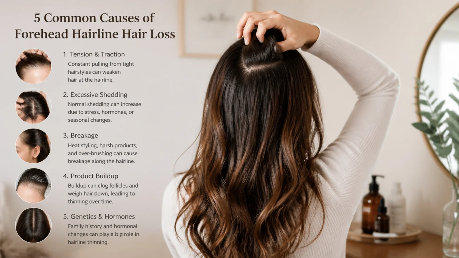 Diagram comparing five causes of forehead hairline hair loss including tension and shedding