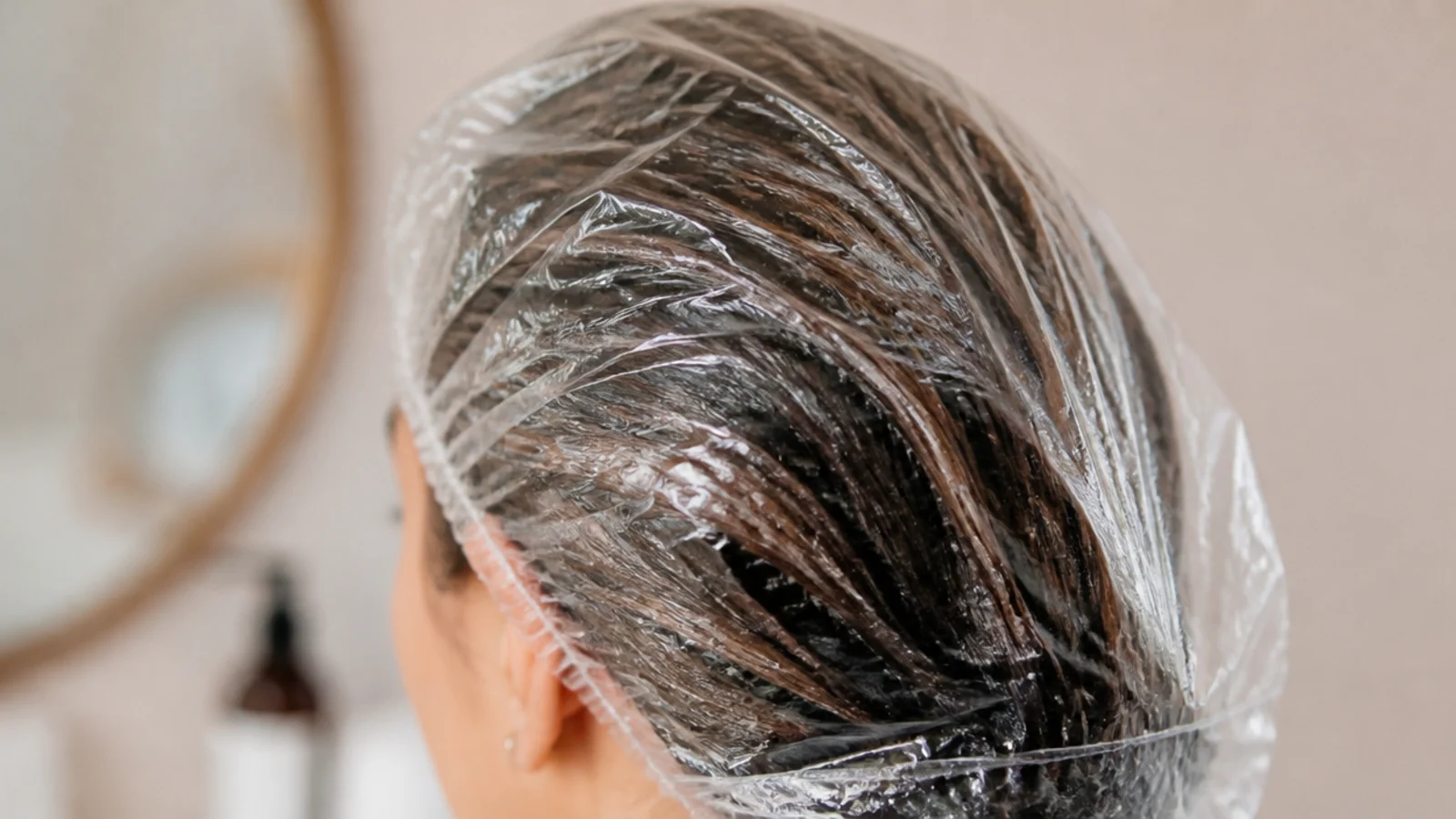 Deep conditioning hair mask applied to damp hair under a plastic cap for twenty minutes