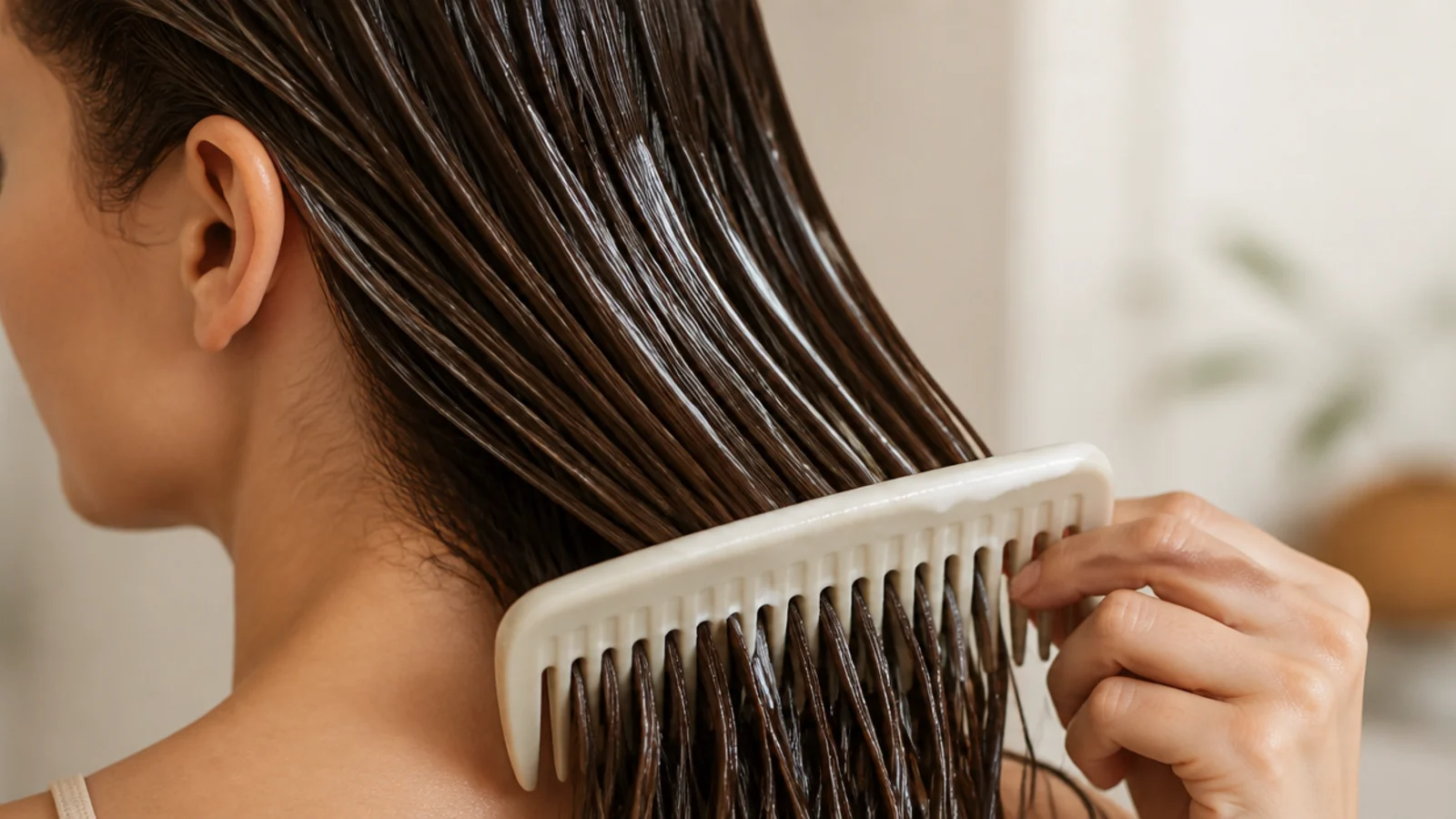 Wide-tooth comb detangling the ends of conditioner-slick wet hair section by section