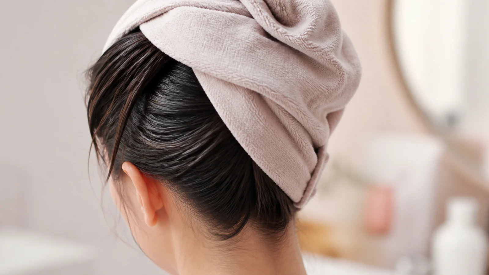 Long wet hair wrapped in a microfiber turban instead of a rough terry towel