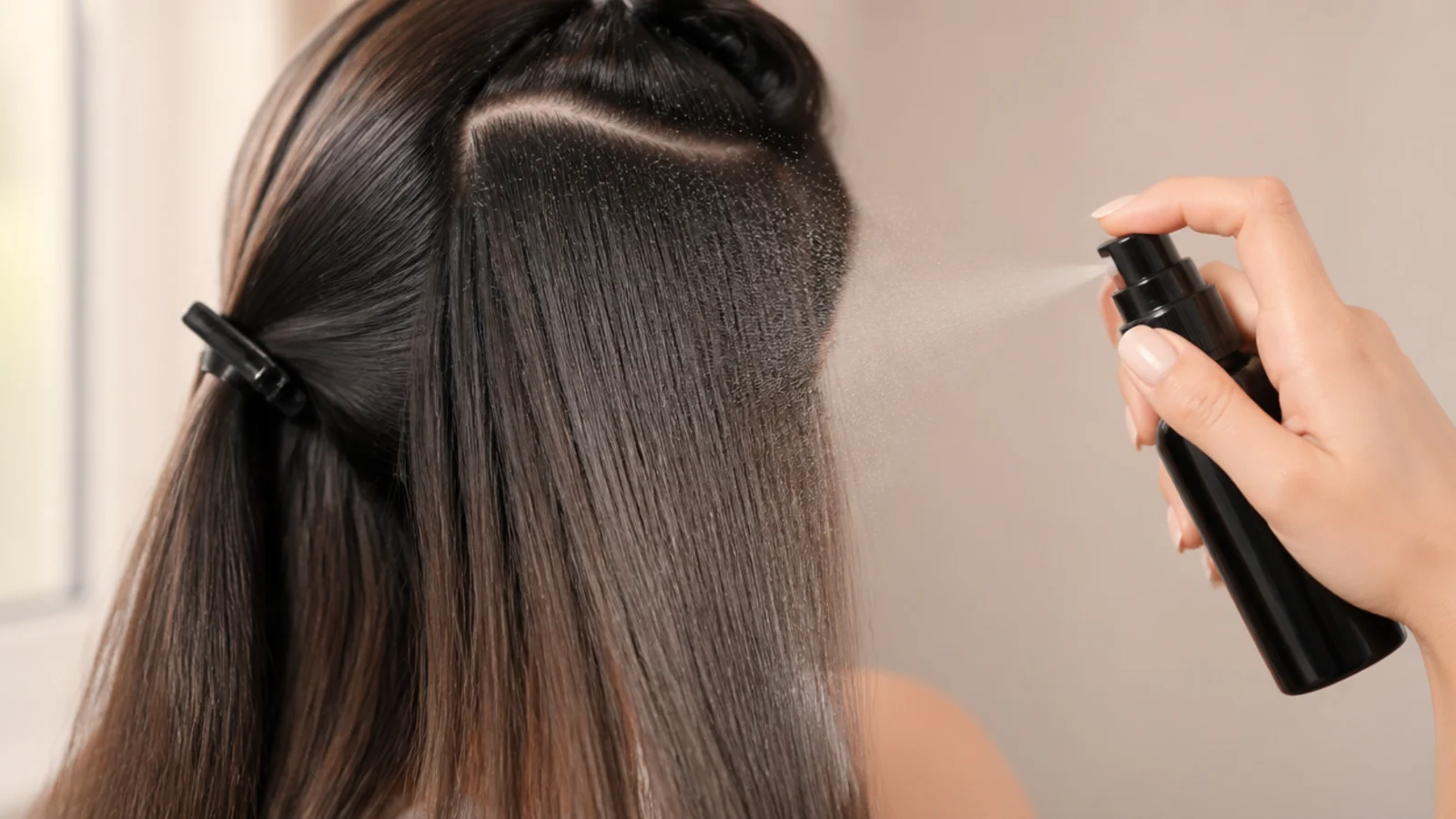 Heat protectant sprayed on a section of hair before a flat iron set to 320 degrees