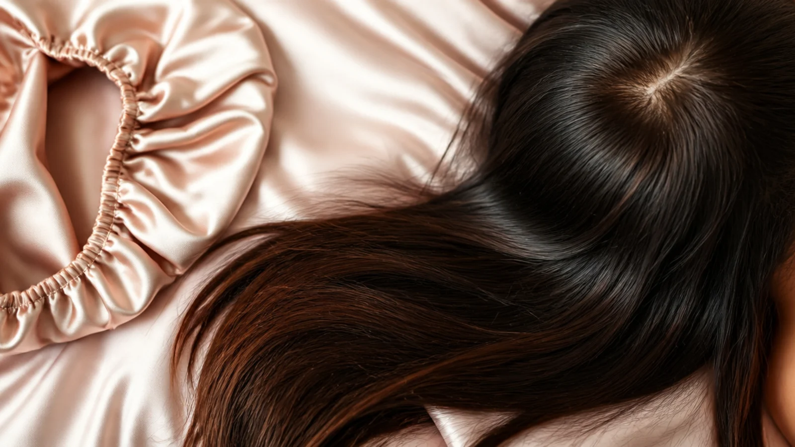 Long hair spread across a satin pillowcase beside a satin sleep bonnet
