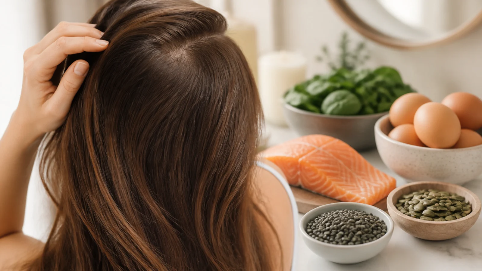 Eggs, salmon, lentils, spinach and pumpkin seeds arranged as protein and iron rich foods for hair