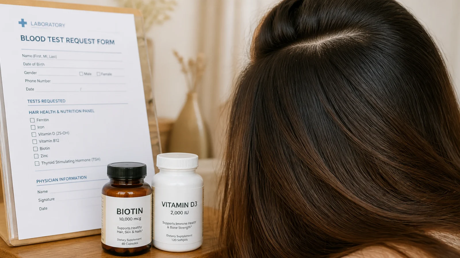 Blood test request form beside biotin and vitamin D supplement bottles for hair growth
