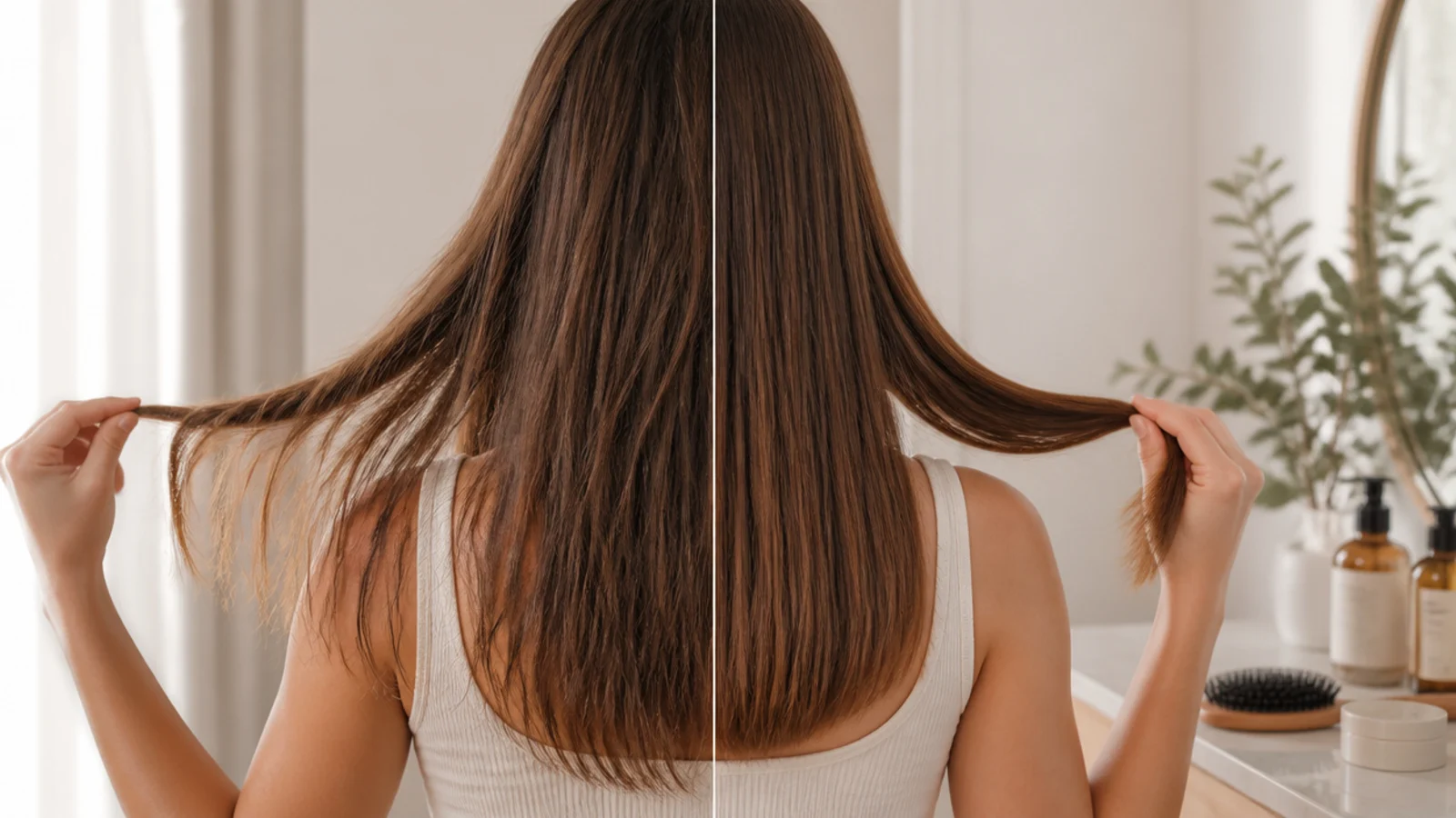 Close up of split ends and mid-shaft breakage on long hair compared with healthy blunt ends