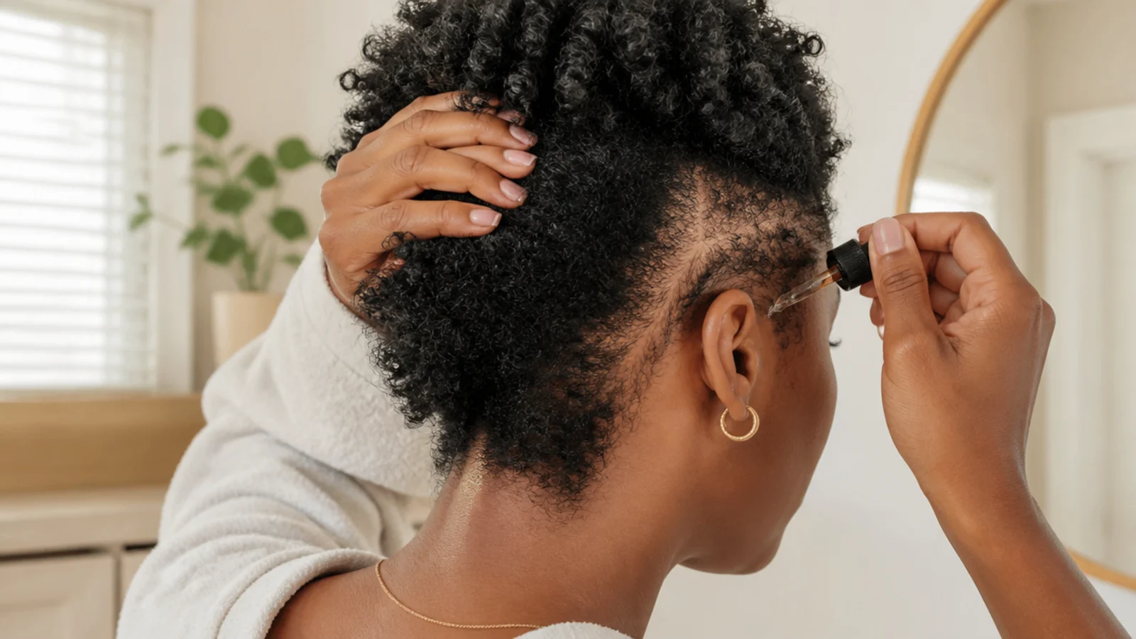 Thinning edges along a hairline and a coily 4C section shown for concern-specific hair growth care