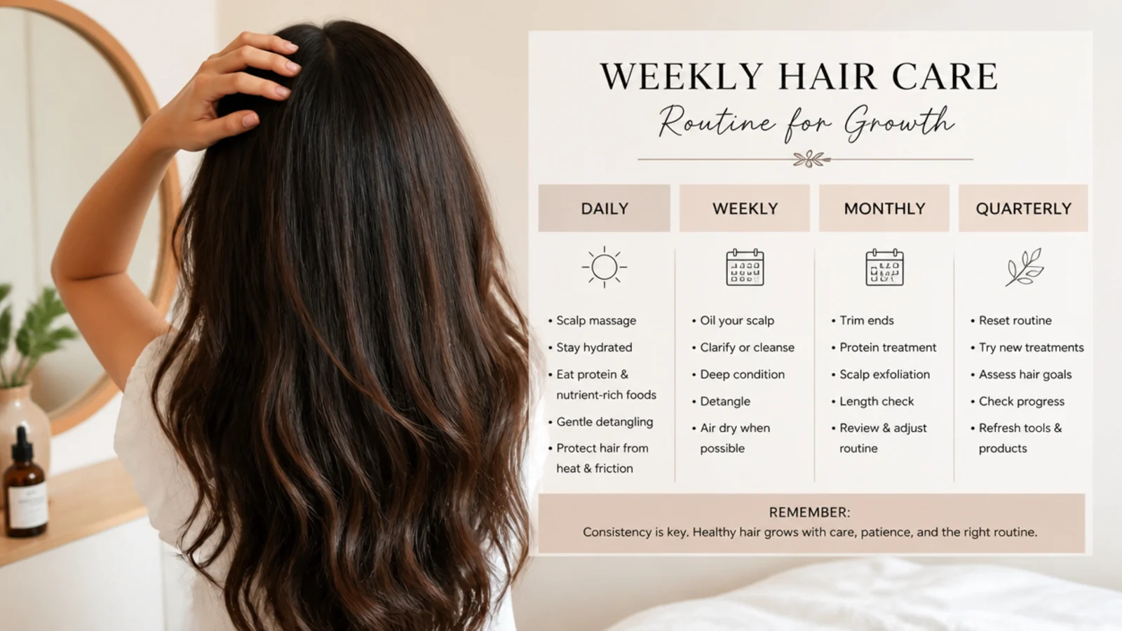 Weekly hair care routine chart for growth showing daily, weekly, monthly and quarterly steps