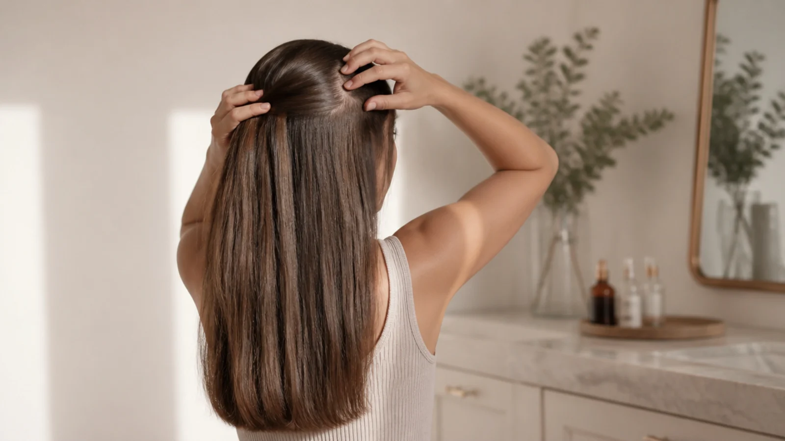 Long healthy brown hair with blunt trimmed ends being sectioned for a scalp massage
